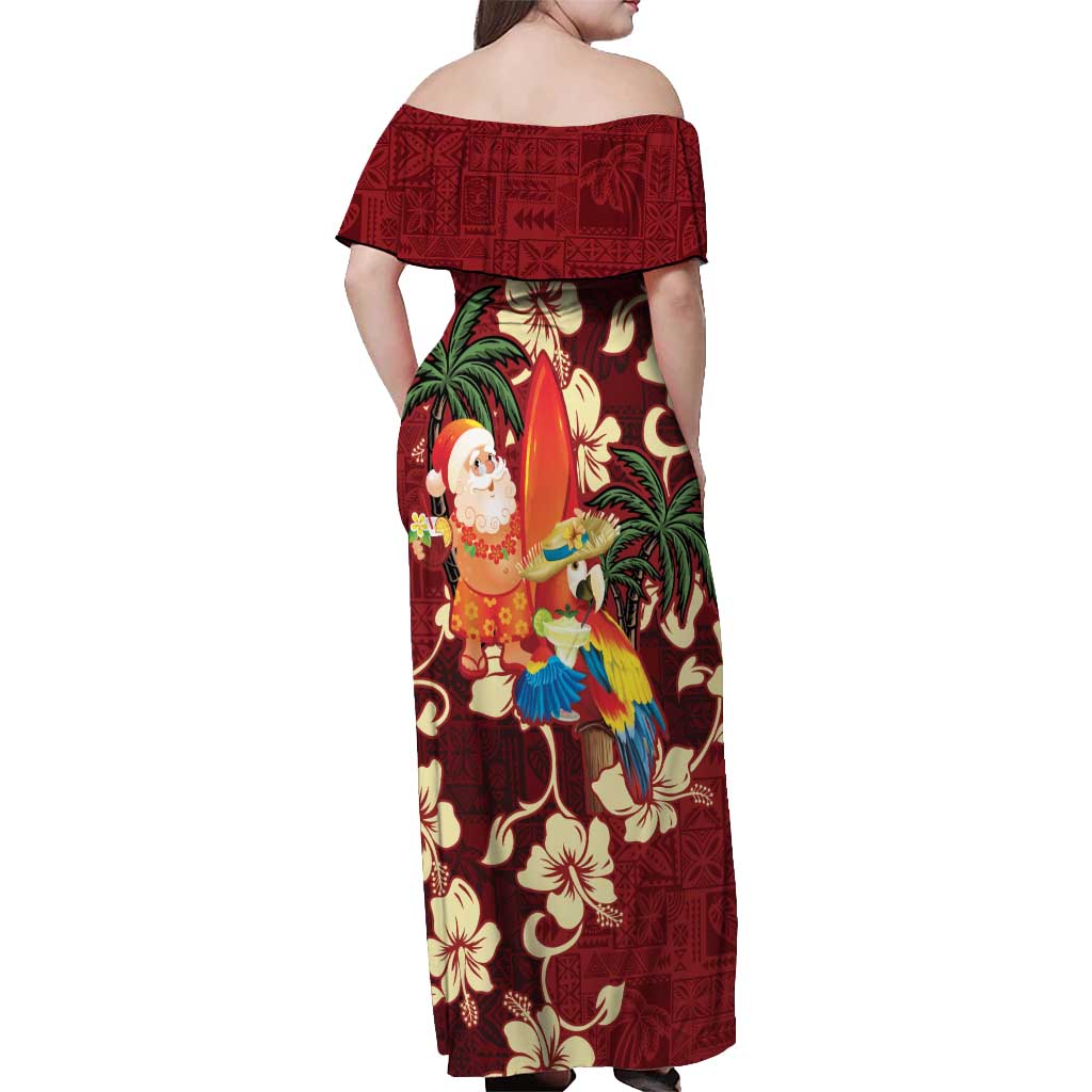Crimson Red Tropical Christmas Hawaii Tapa Off Shoulder Maxi Dress Aloha Santa Drink Party - Polynesian Pride