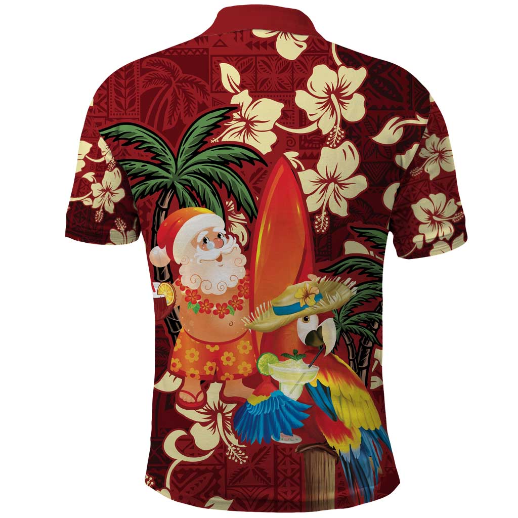 Crimson Red Tropical Christmas Hawaii Tapa Polo Shirt Aloha Santa Drink Party - Polynesian Pride