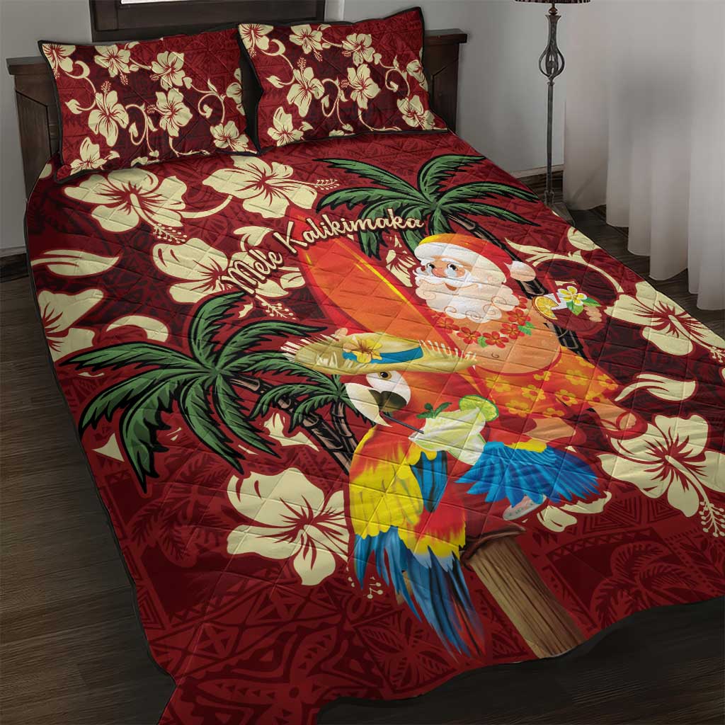 Crimson Red Tropical Christmas Hawaii Tapa Quilt Bed Set Aloha Santa Drink Party - Polynesian Pride