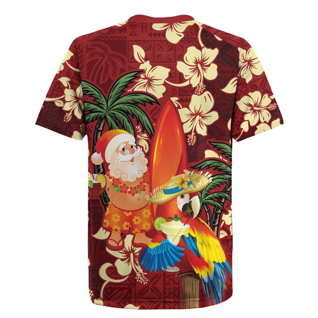 Crimson Red Tropical Christmas Hawaii Tapa Rugby Jersey Aloha Santa Drink Party LT7 - Polynesian Pride
