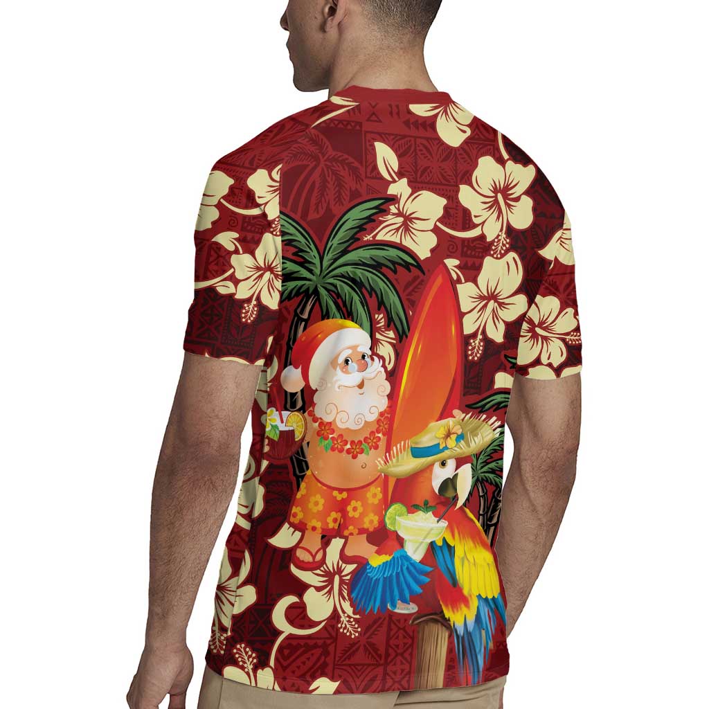 Crimson Red Tropical Christmas Hawaii Tapa Rugby Jersey Aloha Santa Drink Party LT7 - Polynesian Pride