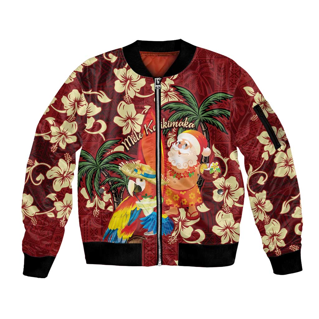 Crimson Red Tropical Christmas Hawaii Tapa Sleeve Zip Bomber Jacket Aloha Santa Drink Party LT7 Unisex Red - Polynesian Pride