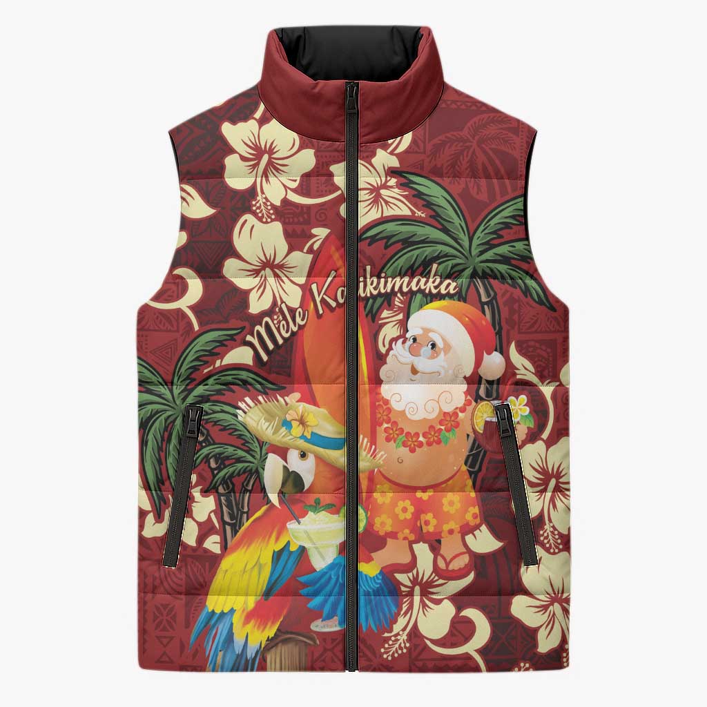 Crimson Red Tropical Christmas Hawaii Tapa Sleeveless Puffer Jacket Aloha Santa Drink Party LT7 Unisex Red - Polynesian Pride