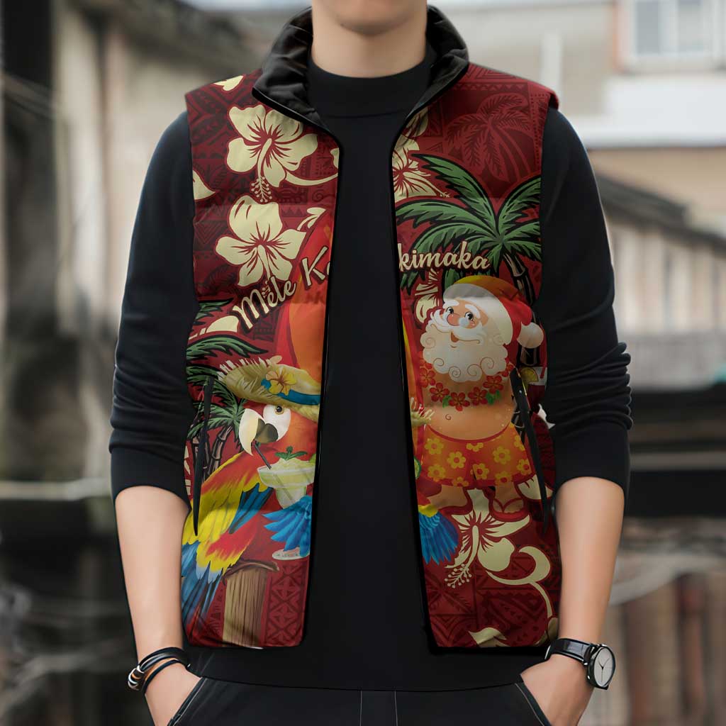 Crimson Red Tropical Christmas Hawaii Tapa Sleeveless Puffer Jacket Aloha Santa Drink Party LT7 - Polynesian Pride