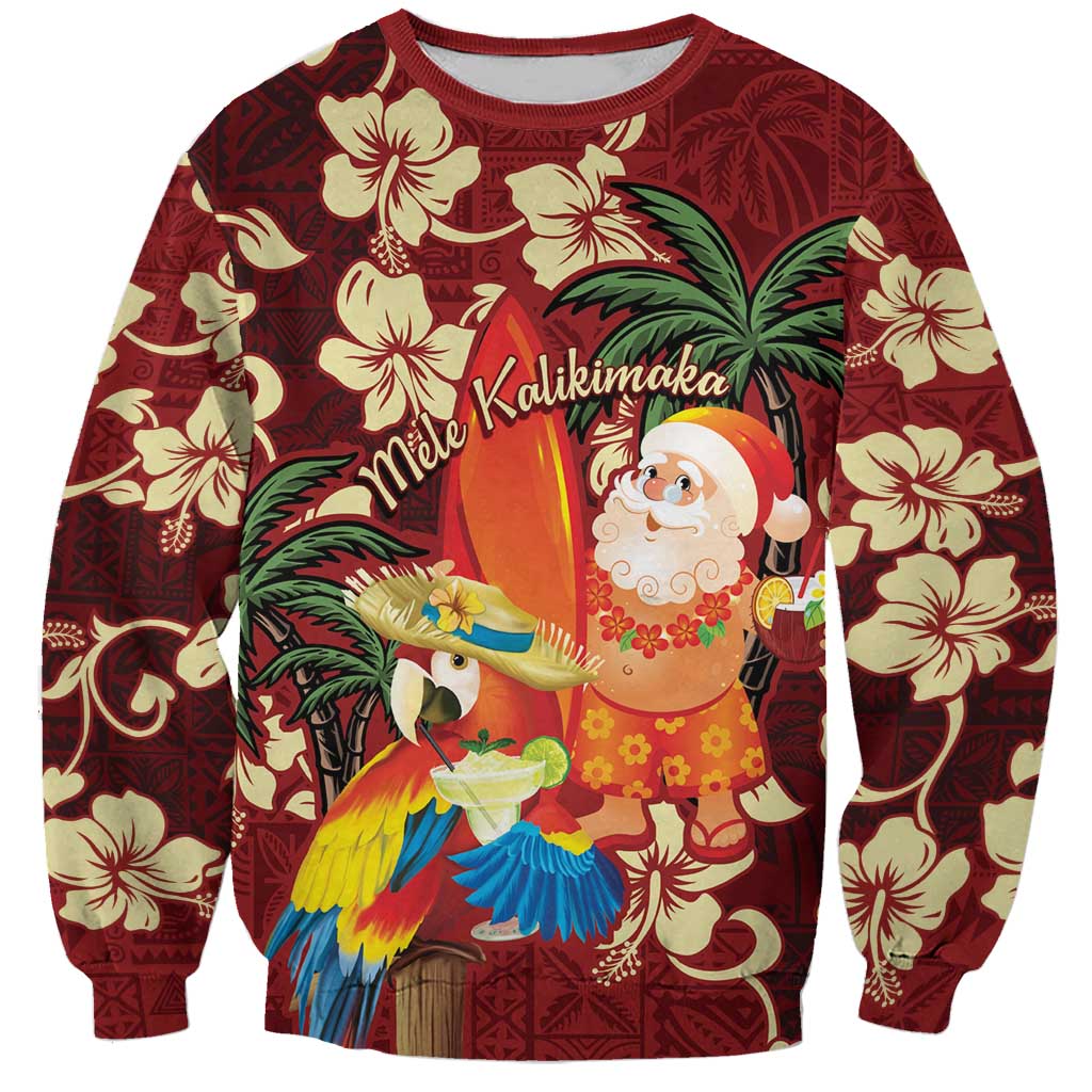 Crimson Red Tropical Christmas Hawaii Tapa Sweatshirt Aloha Santa Drink Party - Polynesian Pride