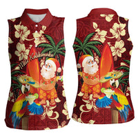 Crimson Red Tropical Christmas Hawaii Tapa Women Sleeveless Polo Shirt Aloha Santa Drink Party - Polynesian Pride