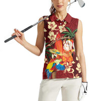 Crimson Red Tropical Christmas Hawaii Tapa Women Sleeveless Polo Shirt Aloha Santa Drink Party - Polynesian Pride
