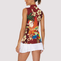Crimson Red Tropical Christmas Hawaii Tapa Women Sleeveless Polo Shirt Aloha Santa Drink Party - Polynesian Pride