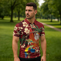 Crimson Red Tropical Christmas Hawaii Tapa Zipper Polo Shirt Aloha Santa Drink Party - Polynesian Pride