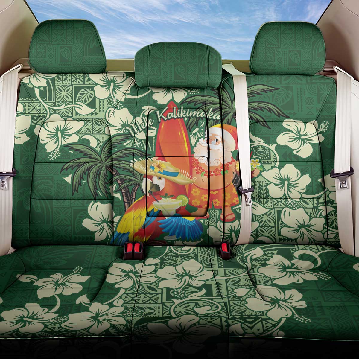 Moss Green Tropical Christmas Hawaii Tapa Back Car Seat Cover Aloha Santa Drink Party - Polynesian Pride