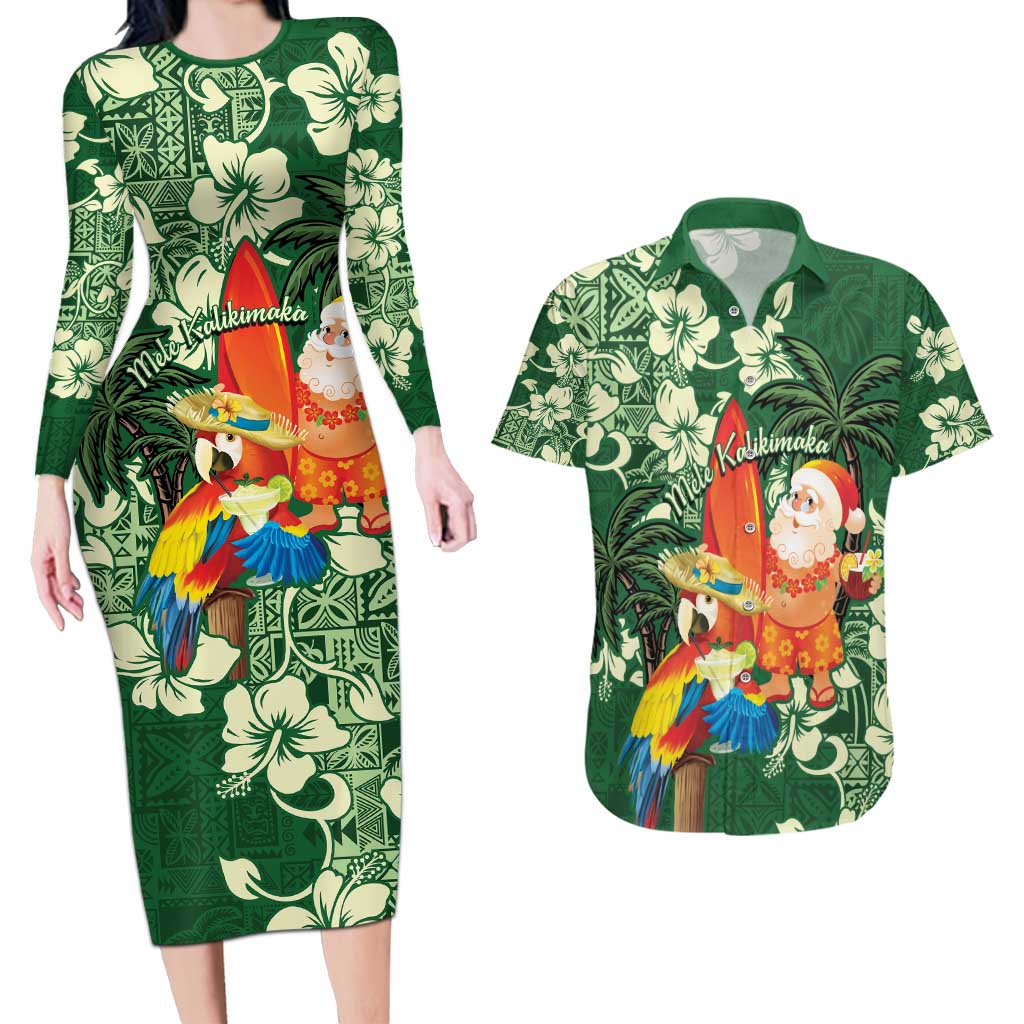 Moss Green Tropical Christmas Hawaii Tapa Couples Matching Long Sleeve Bodycon Dress and Hawaiian Shirt Aloha Santa Drink Party - Polynesian Pride