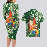 Moss Green Tropical Christmas Hawaii Tapa Couples Matching Long Sleeve Bodycon Dress and Hawaiian Shirt Aloha Santa Drink Party - Polynesian Pride