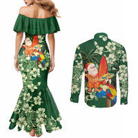 Moss Green Tropical Christmas Hawaii Tapa Couples Matching Mermaid Dress and Long Sleeve Button Shirt Aloha Santa Drink Party - Polynesian Pride