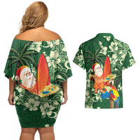 Moss Green Tropical Christmas Hawaii Tapa Couples Matching Off Shoulder Short Dress and Hawaiian Shirt Aloha Santa Drink Party - Polynesian Pride
