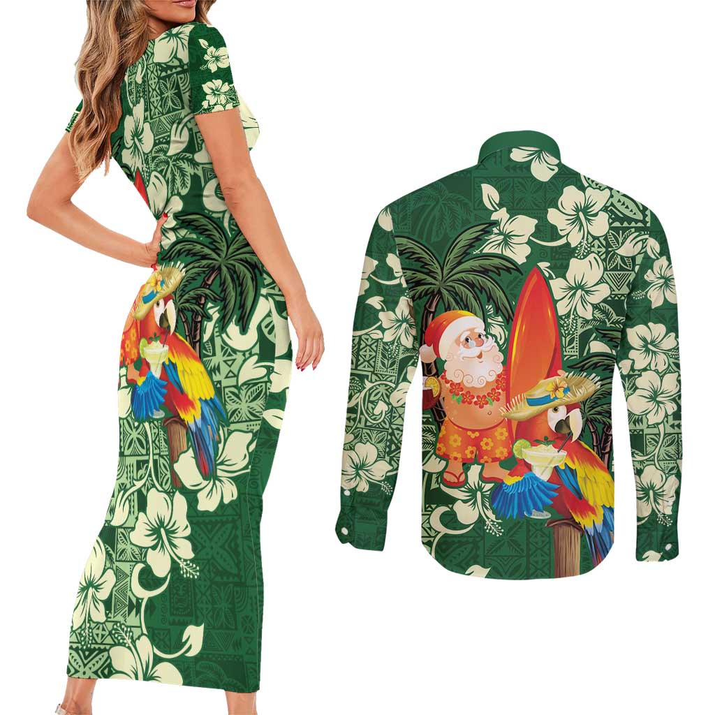 Moss Green Tropical Christmas Hawaii Tapa Couples Matching Short Sleeve Bodycon Dress and Long Sleeve Button Shirt Aloha Santa Drink Party - Polynesian Pride