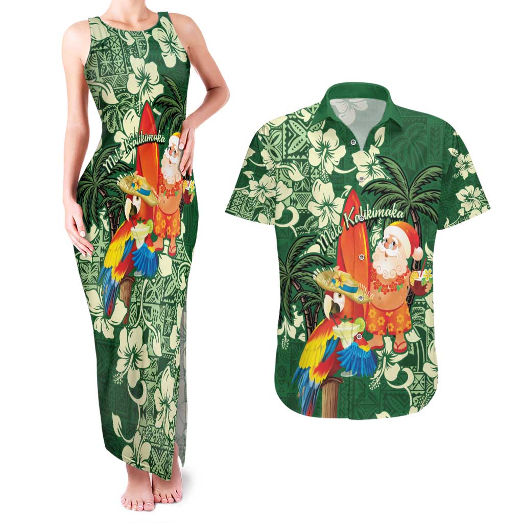 Moss Green Tropical Christmas Hawaii Tapa Couples Matching Tank Maxi Dress and Hawaiian Shirt Aloha Santa Drink Party - Polynesian Pride