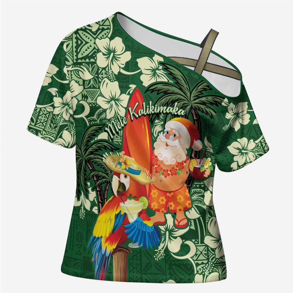 Moss Green Tropical Christmas Hawaii Tapa Cross Shoulder Shirt Aloha Santa Drink Party LT7 Female Green - Polynesian Pride