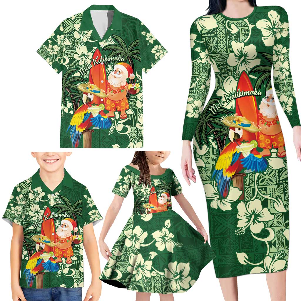 Moss Green Tropical Christmas Hawaii Tapa Family Matching Long Sleeve Bodycon Dress and Hawaiian Shirt Aloha Santa Drink Party - Polynesian Pride