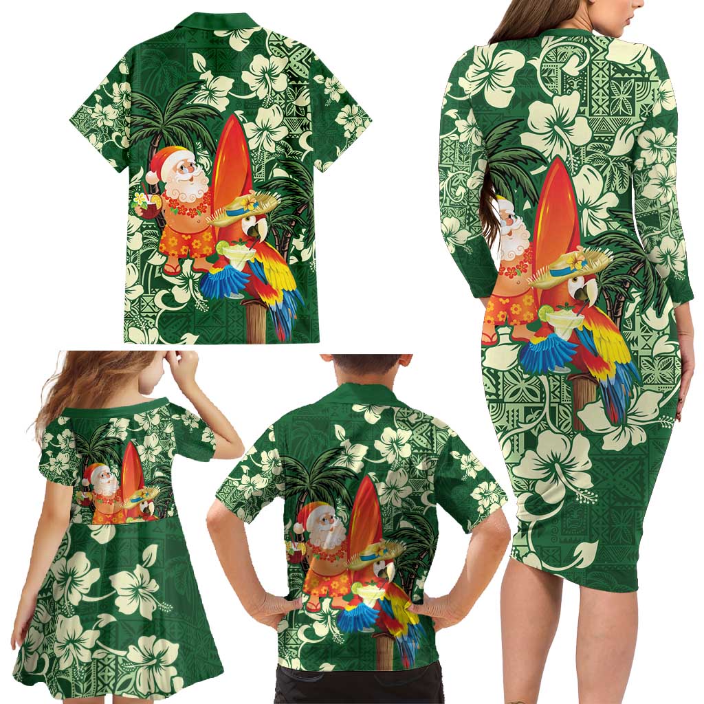 Moss Green Tropical Christmas Hawaii Tapa Family Matching Long Sleeve Bodycon Dress and Hawaiian Shirt Aloha Santa Drink Party - Polynesian Pride