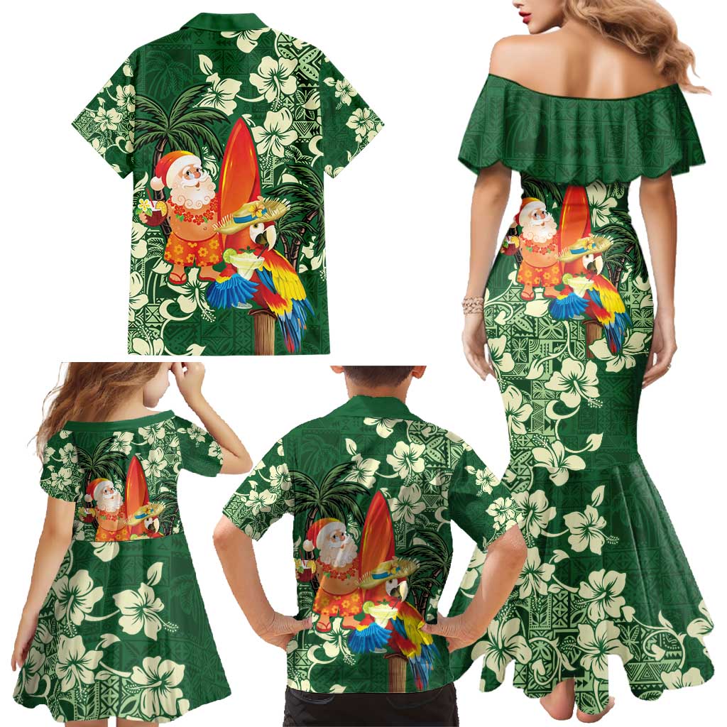 Moss Green Tropical Christmas Hawaii Tapa Family Matching Mermaid Dress and Hawaiian Shirt Aloha Santa Drink Party - Polynesian Pride