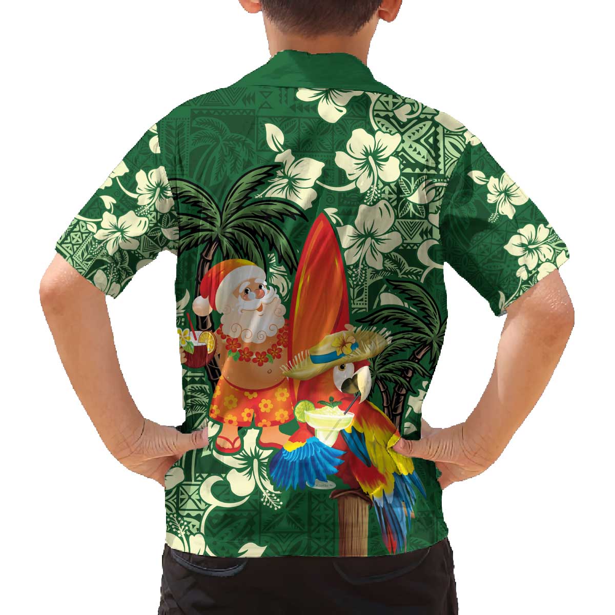 Moss Green Tropical Christmas Hawaii Tapa Family Matching Off The Shoulder Long Sleeve Dress and Hawaiian Shirt Aloha Santa Drink Party - Polynesian Pride