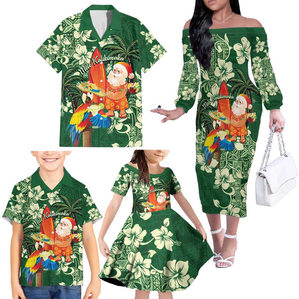 Moss Green Tropical Christmas Hawaii Tapa Family Matching Off The Shoulder Long Sleeve Dress and Hawaiian Shirt Aloha Santa Drink Party - Polynesian Pride