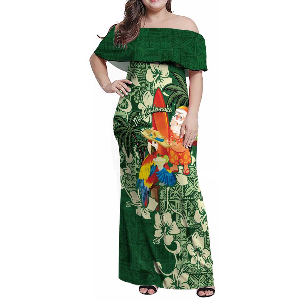 Moss Green Tropical Christmas Hawaii Tapa Family Matching Off Shoulder Maxi Dress and Hawaiian Shirt Aloha Santa Drink Party - Polynesian Pride