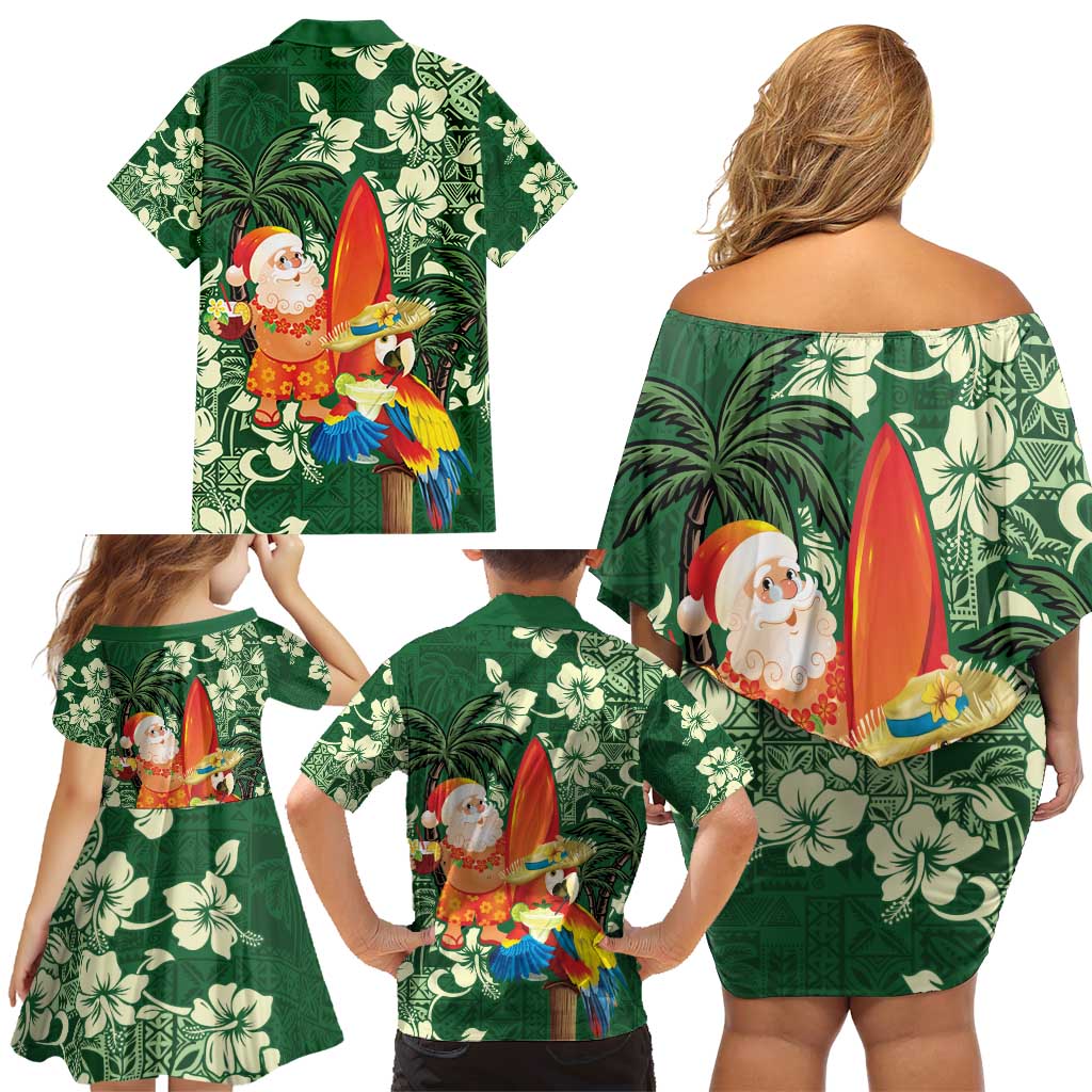 Moss Green Tropical Christmas Hawaii Tapa Family Matching Off Shoulder Short Dress and Hawaiian Shirt Aloha Santa Drink Party - Polynesian Pride