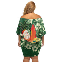 Moss Green Tropical Christmas Hawaii Tapa Family Matching Off Shoulder Short Dress and Hawaiian Shirt Aloha Santa Drink Party - Polynesian Pride