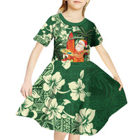 Moss Green Tropical Christmas Hawaii Tapa Kid Short Sleeve Dress Aloha Santa Drink Party - Polynesian Pride