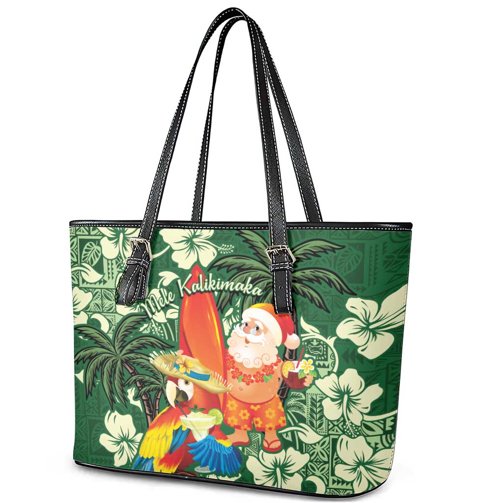 Moss Green Tropical Christmas Hawaii Tapa Leather Tote Bag Aloha Santa Drink Party - Polynesian Pride