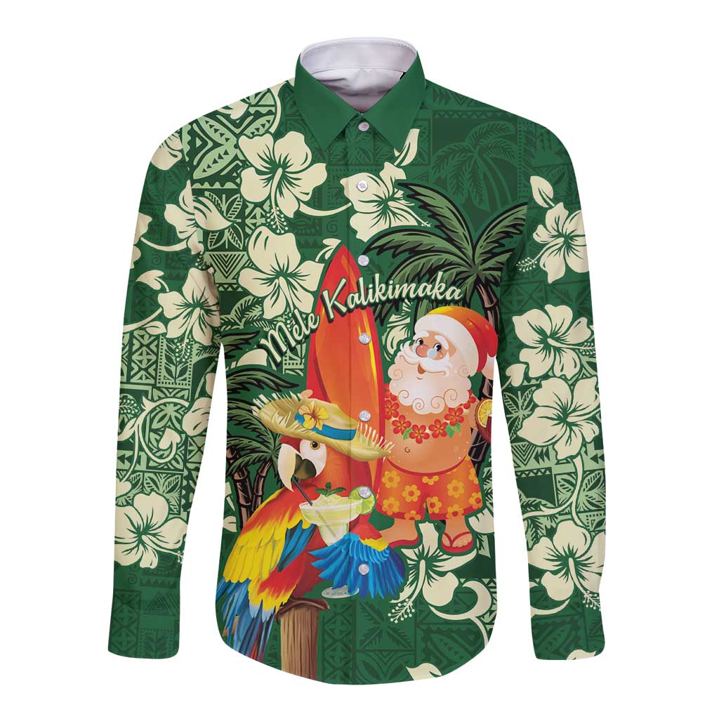 Moss Green Tropical Christmas Hawaii Tapa Long Sleeve Button Shirt Aloha Santa Drink Party LT7 Unisex Green - Polynesian Pride