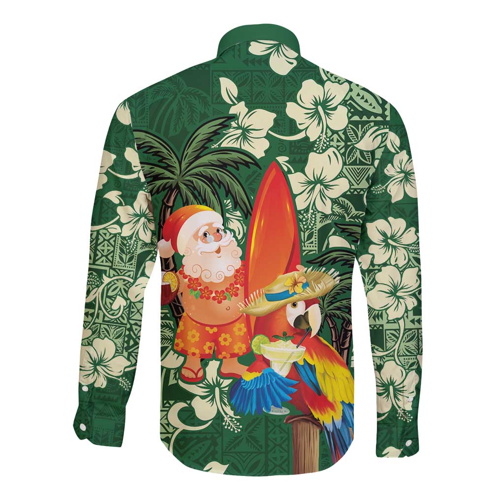 Moss Green Tropical Christmas Hawaii Tapa Long Sleeve Button Shirt Aloha Santa Drink Party LT7 - Polynesian Pride