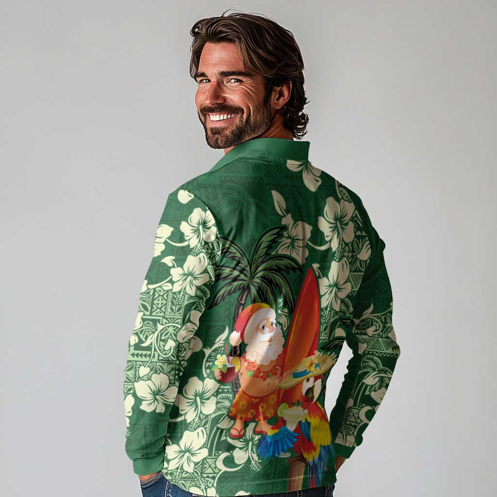 Moss Green Tropical Christmas Hawaii Tapa Long Sleeve Polo Shirt Aloha Santa Drink Party - Polynesian Pride