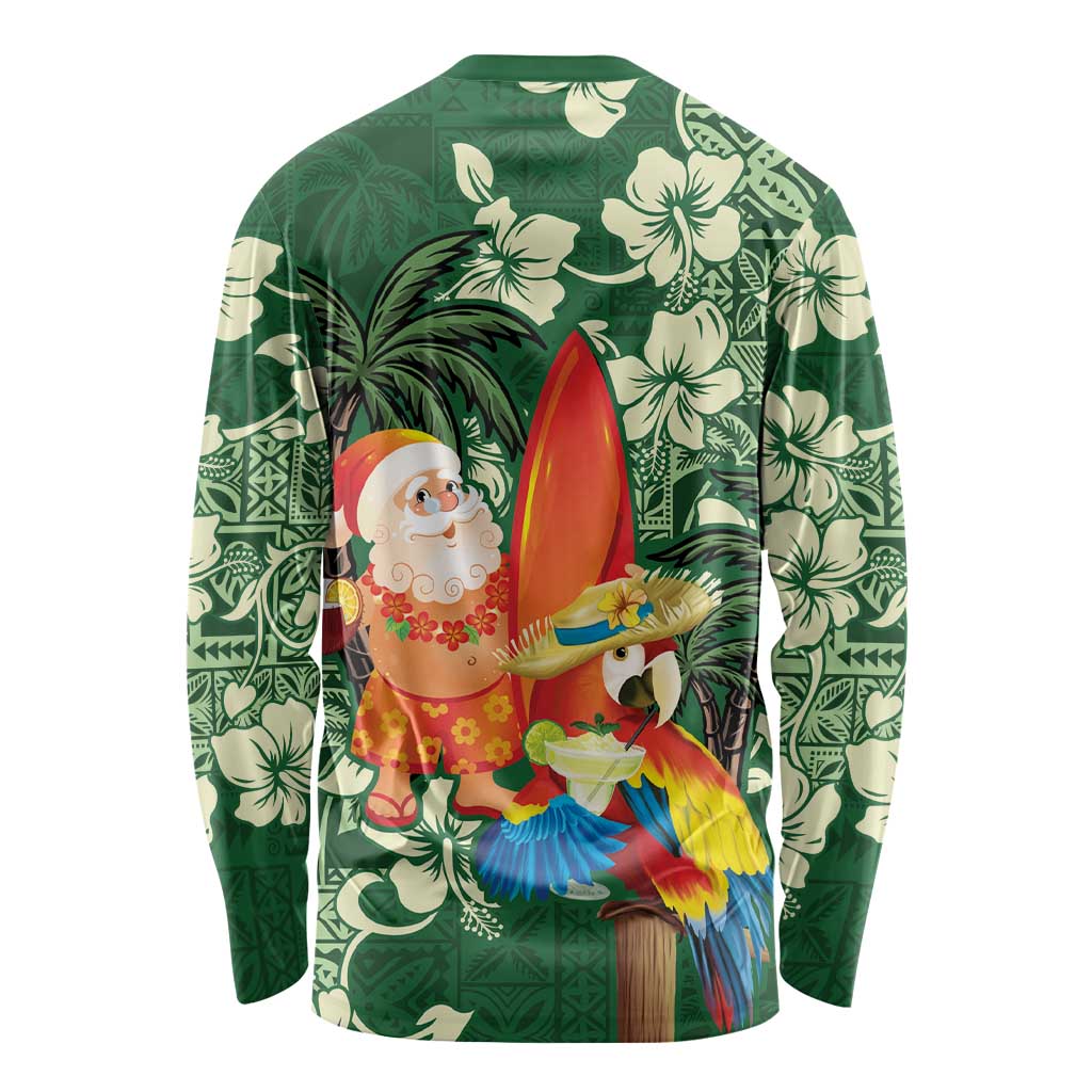 Moss Green Tropical Christmas Hawaii Tapa Long Sleeve Shirt Aloha Santa Drink Party LT7 - Polynesian Pride
