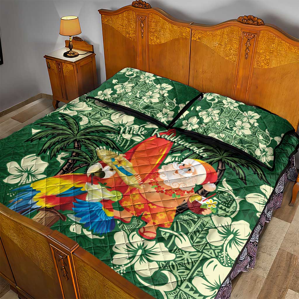 Moss Green Tropical Christmas Hawaii Tapa Quilt Bed Set Aloha Santa Drink Party - Polynesian Pride