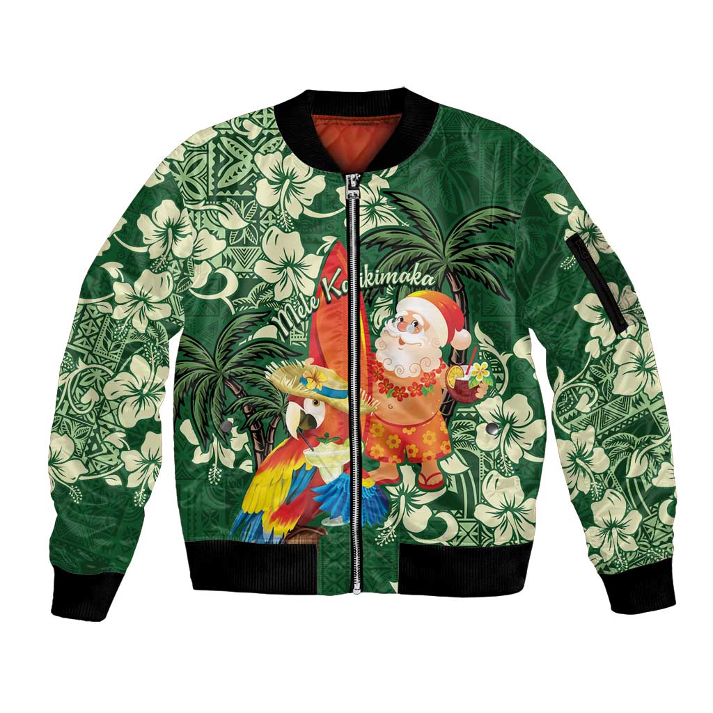 Moss Green Tropical Christmas Hawaii Tapa Sleeve Zip Bomber Jacket Aloha Santa Drink Party - Polynesian Pride