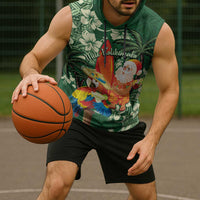 Moss Green Tropical Christmas Hawaii Tapa Sleeveless Hoodie Aloha Santa Drink Party - Polynesian Pride