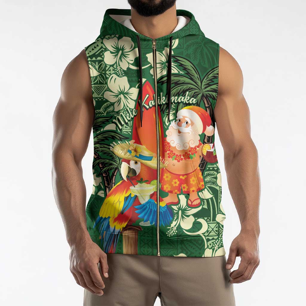 Moss Green Tropical Christmas Hawaii Tapa Sleeveless Zip Hoodie Aloha Santa Drink Party - Polynesian Pride
