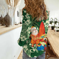 Moss Green Tropical Christmas Hawaii Tapa Women Casual Shirt Aloha Santa Drink Party - Polynesian Pride