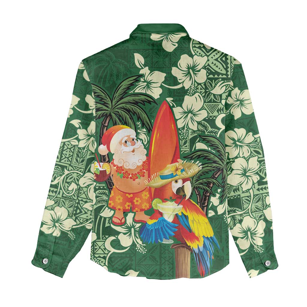 Moss Green Tropical Christmas Hawaii Tapa Women Casual Shirt Aloha Santa Drink Party - Polynesian Pride