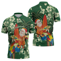 Moss Green Tropical Christmas Hawaii Tapa Zipper Polo Shirt Aloha Santa Drink Party - Polynesian Pride