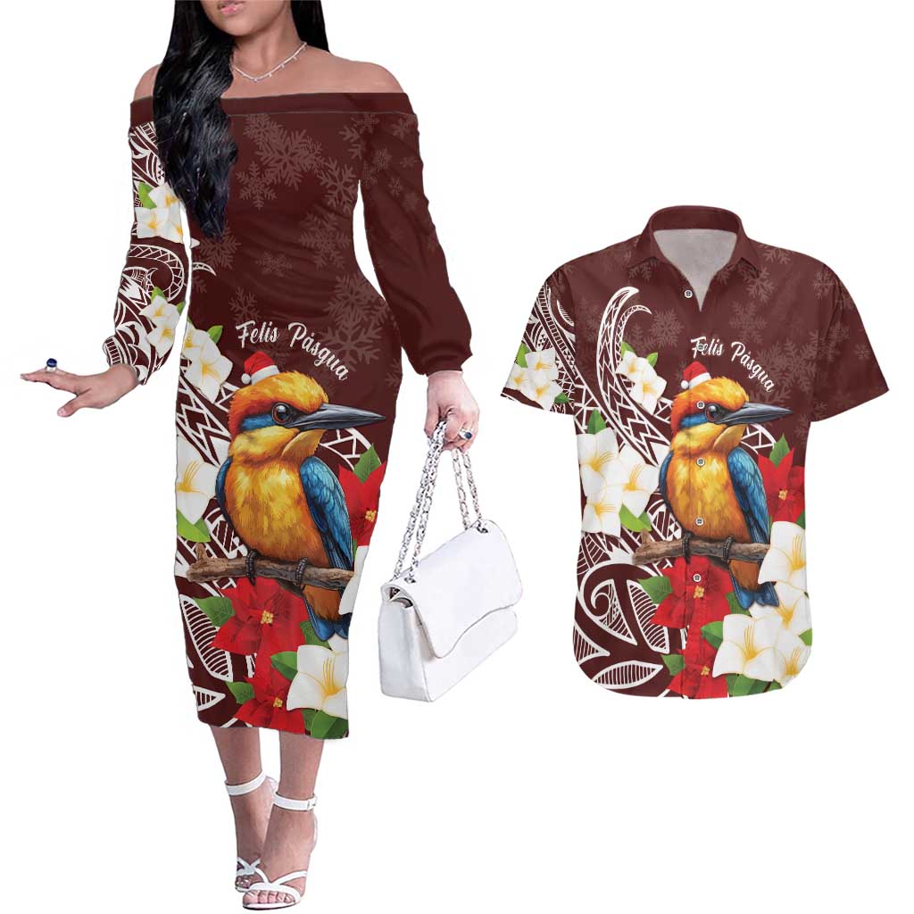 Felis Pasgua Guam Couples Matching Off The Shoulder Long Sleeve Dress and Hawaiian Shirt Christmas Sihek Kingfisher with Guasali LT7 Crimson - Polynesian Pride