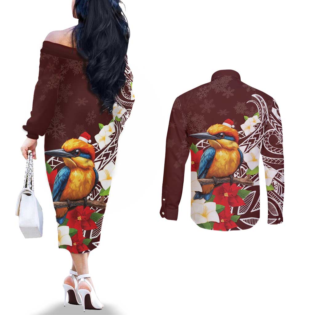 Felis Pasgua Guam Couples Matching Off The Shoulder Long Sleeve Dress and Long Sleeve Button Shirt Christmas Sihek Kingfisher with Guasali