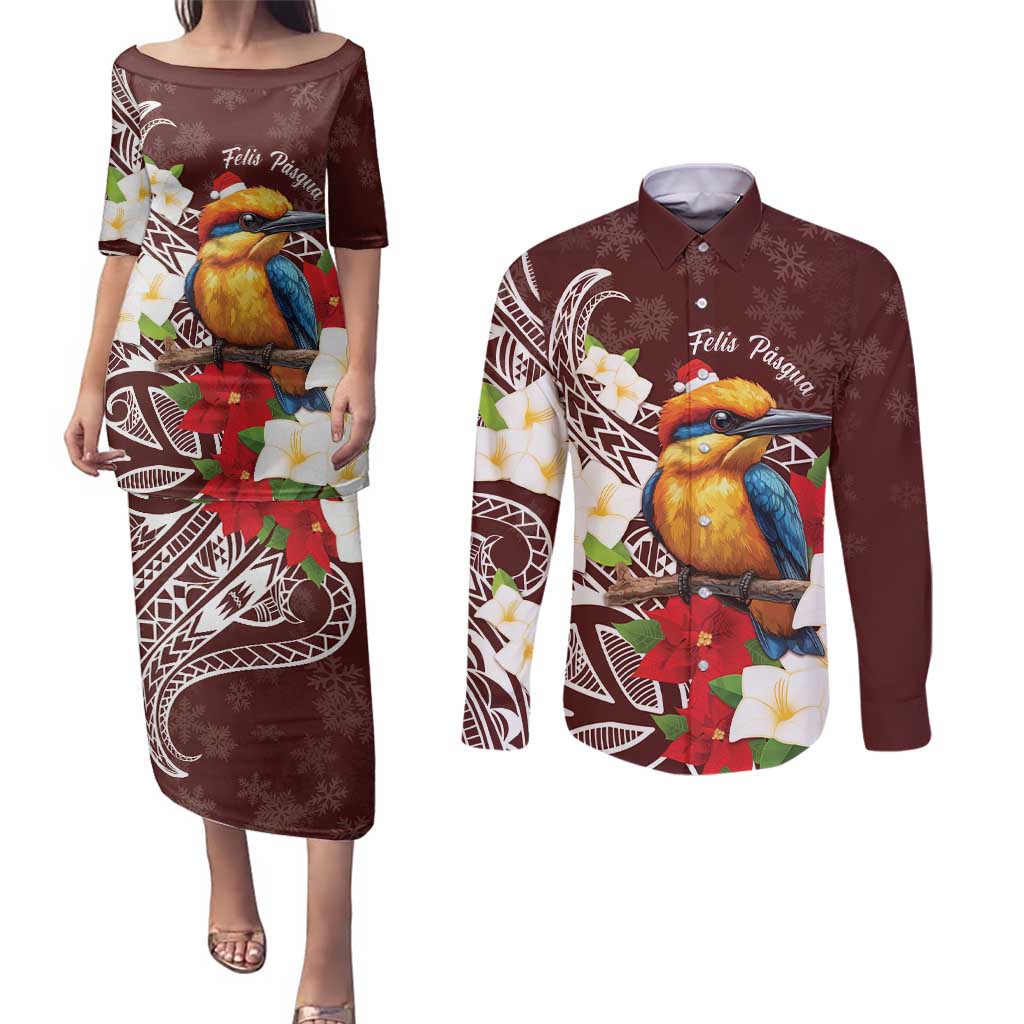 Felis Pasgua Guam Couples Matching Puletasi and Long Sleeve Button Shirt Christmas Sihek Kingfisher with Guasali LT7 Crimson - Polynesian Pride