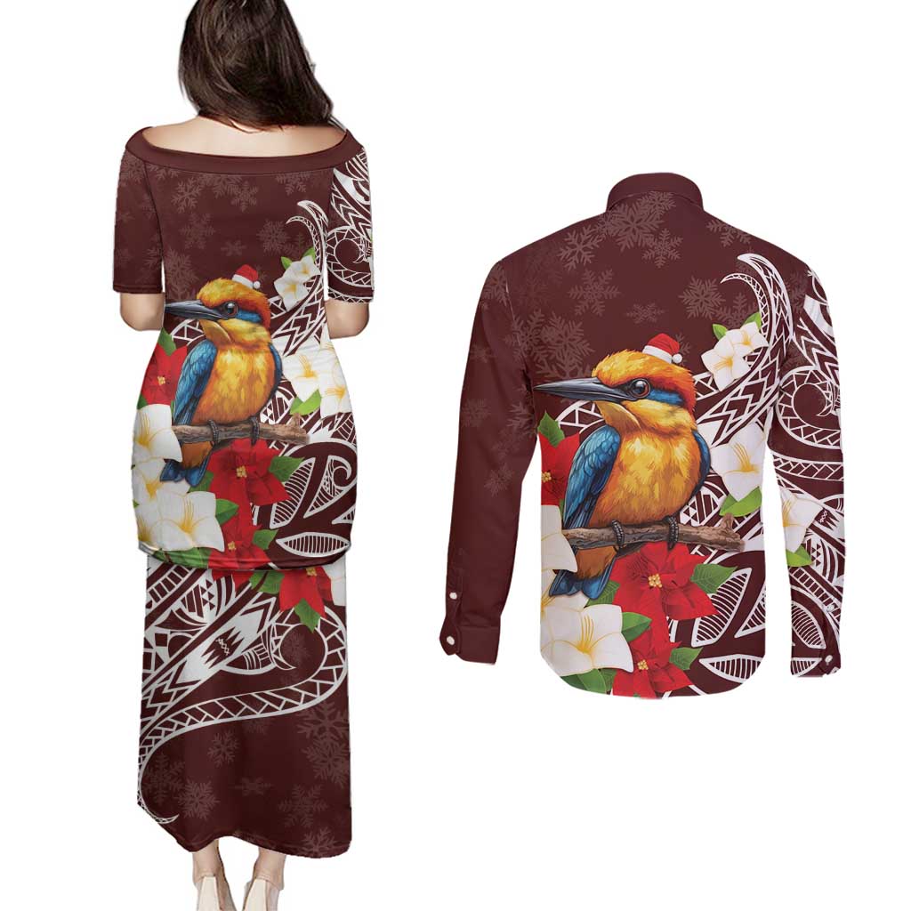 Felis Pasgua Guam Couples Matching Puletasi and Long Sleeve Button Shirt Christmas Sihek Kingfisher with Guasali LT7 - Polynesian Pride