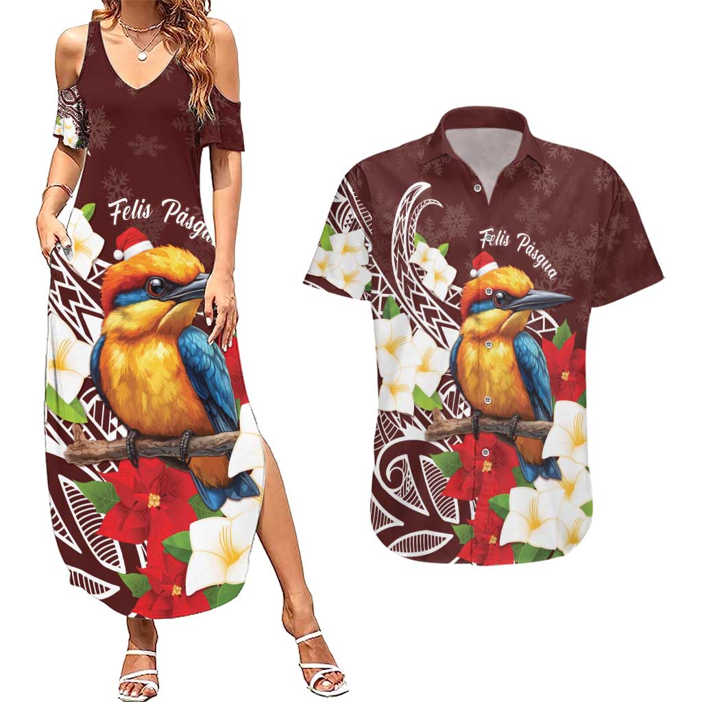 Felis Pasgua Guam Couples Matching Summer Maxi Dress and Hawaiian Shirt Christmas Sihek Kingfisher with Guasali LT7 Crimson - Polynesian Pride