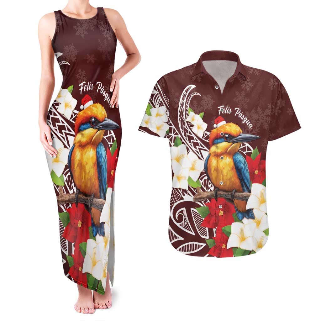 Felis Pasgua Guam Couples Matching Tank Maxi Dress and Hawaiian Shirt Christmas Sihek Kingfisher with Guasali LT7 Crimson - Polynesian Pride