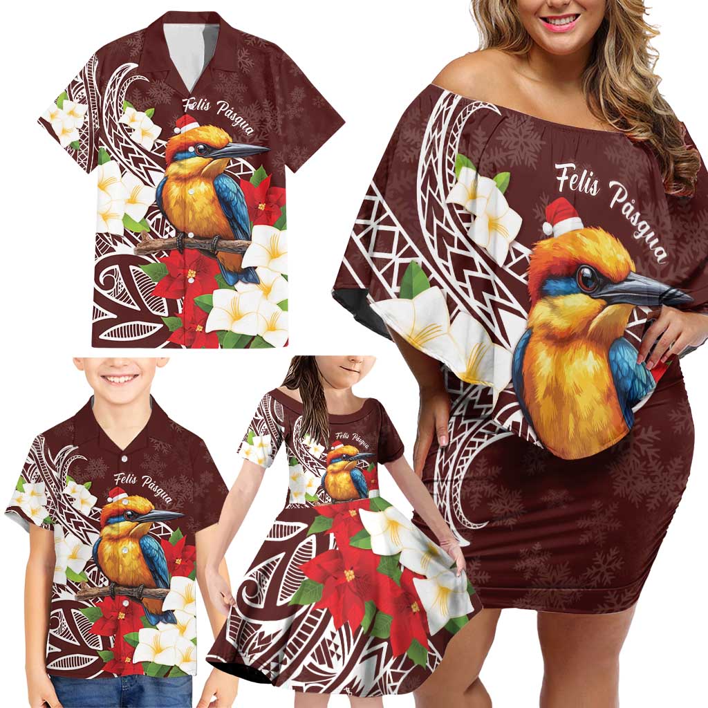 Felis Pasgua Guam Family Matching Off Shoulder Short Dress and Hawaiian Shirt Christmas Sihek Kingfisher with Guasali