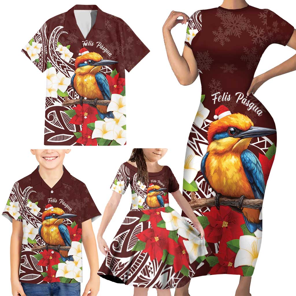 Felis Pasgua Guam Family Matching Short Sleeve Bodycon Dress and Hawaiian Shirt Christmas Sihek Kingfisher with Guasali